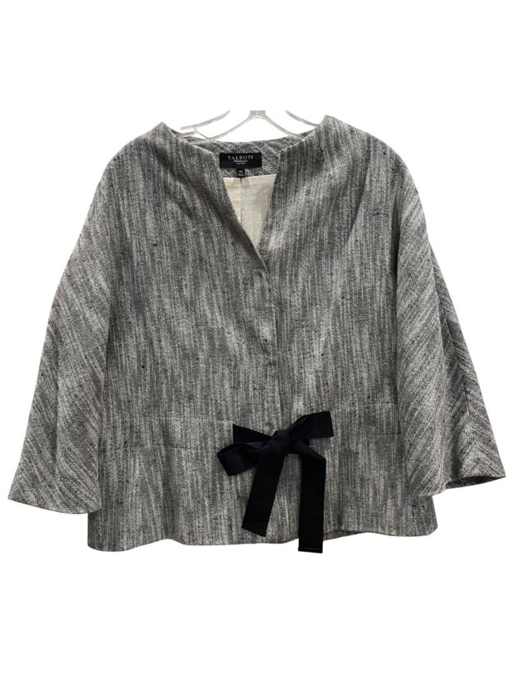 Talbots Tie Waist Tweed Jacket 14P Black White Cotton Linen Blend Office Career